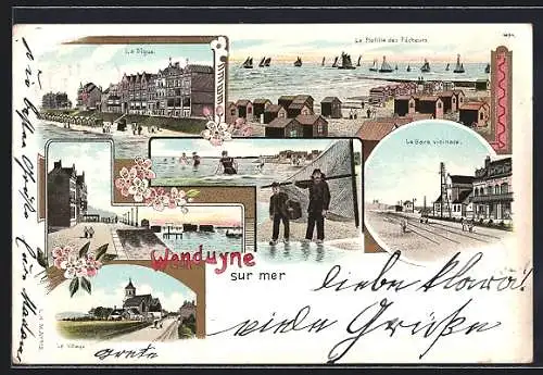 Lithographie Wenduyne sur mer, La Gare vicinale, La Digue, La Flotille des Pêcheurs