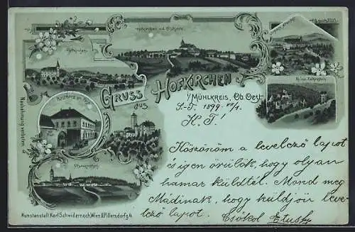 Mondschein-Lithographie Hofkirchen i. Mühlkreis, Gasthaus zur Post, Pfarrkirchen, Ruine Falkenstein