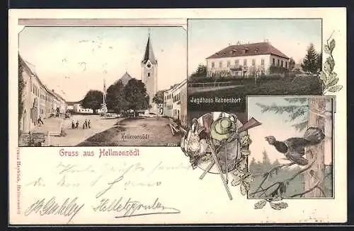 AK Hellmonsödt, Jagdhaus Hahnenhort, Platz mit Kirche, Auerhahn