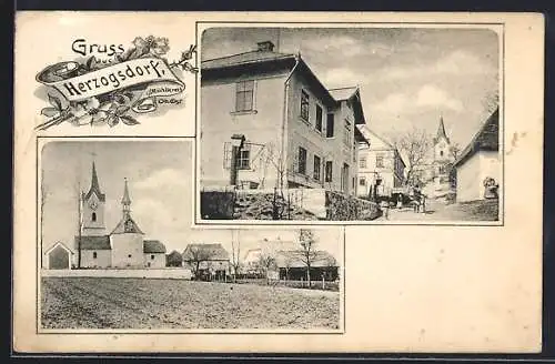 AK Herzogsdorf i. Mühlkreis, Kirche, Ortspartie, Mann mit Fahrrad