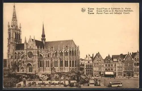 AK Ypres, Grand` Place et Cathedrale St. Martin