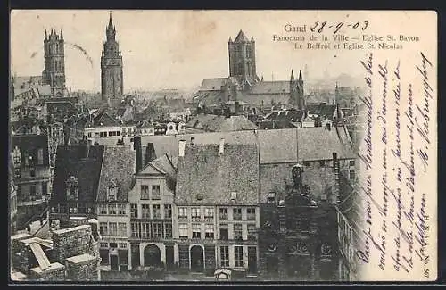 AK Gand, Panorama de la Ville, Eglise St. Bavon, Le Beffroi et Eglise St. Nicolas