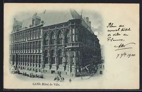Mondschein-AK Gand, Hotel de Ville