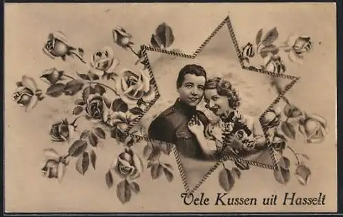 AK Hasselt, Pärchen im Stern, Rosen, Passepartout