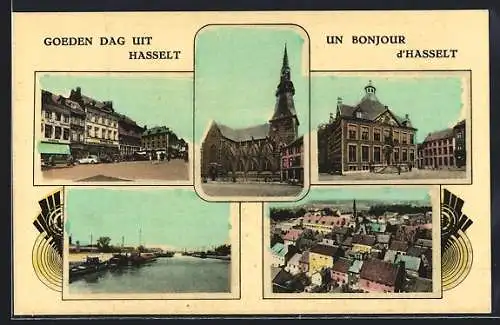 AK Hasselt, Kirche, Rathaus, Strassenpartie