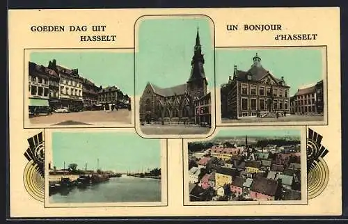 AK Hasselt, Kirche, Rathaus, Strassenpartie