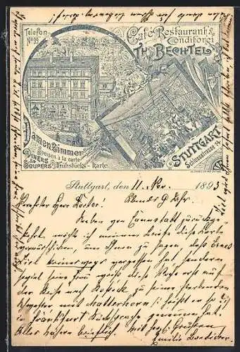 Vorläufer-Lithographie Stuttgart, 1893, Café-Restaurant & Conditorei Th. Bechtel in der Schlossstrasse 14