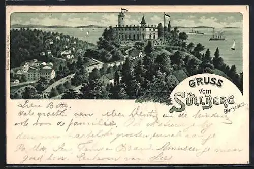 Lithographie Hamburg-Blankenese, Blick zum Hotel Süllberg