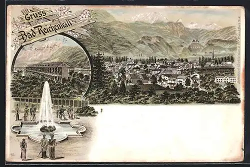Lithographie Bad Reichenhall, Kurgäste am Brunnen, Blick zum Gradierwerk