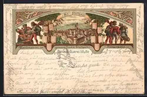 Lithographie Stuttgart, Historische Stadtansicht, Wandmalerei i. d. Stuttgarter Bürgerhalle, Aktienbrauerei Wulle