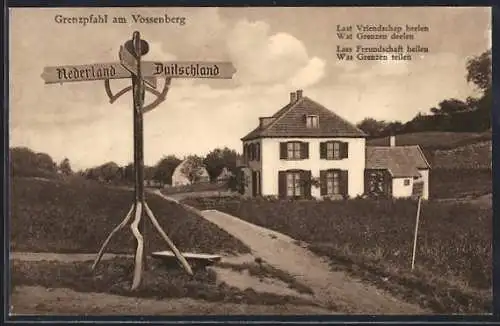 AK Kranenburg / Niederrhein, Grenzpfahl Niederlande und Deutschland, Haus am Vossenberg