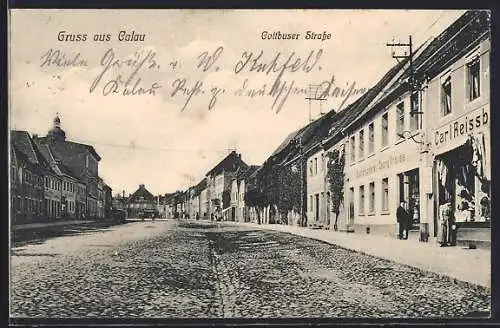 AK Calau, Cottbuser Strasse mit Geschäften