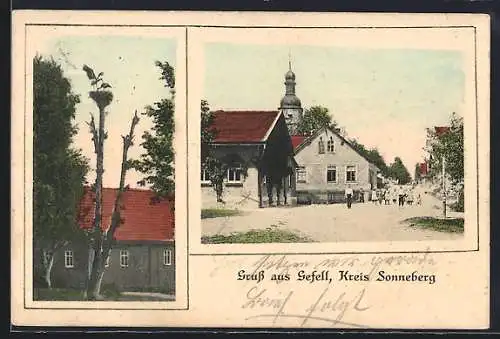 AK Gefell /Sonneberg, Partie im Ort und Storchennest