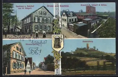 AK Sulzfeld / Baden, Gasthaus z. Bahnhof von W. Weigert, Brauerei A. Weigert & Söhne, Ravensburg, Wappen