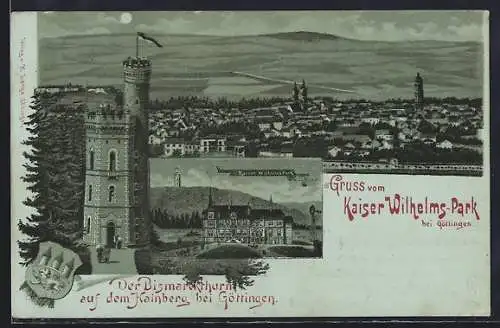 Mondschein-Lithographie Göttingen, Kaiser Wilhelms-Park, Bismarckturm auf dem Hainberg, Wappen