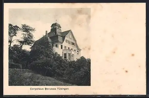 AK Tübingen, Corpshaus Borussia umgeben von Bäumen