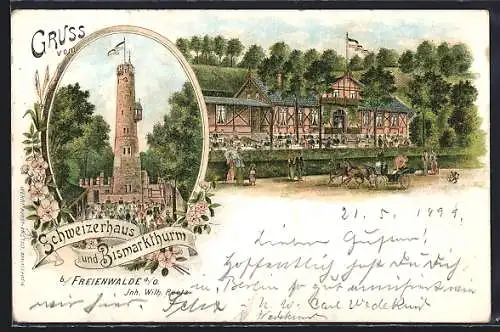 Lithographie Freienwalde a. O., Gasthaus Schweizerhaus und Bismarckthurm, Inh. Wilh. Reetz