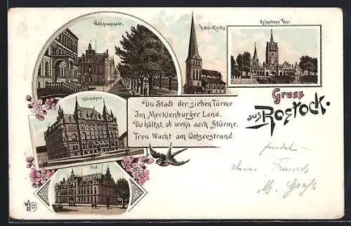 Vorläufer-Lithographie Rostock, 1895, Ständehaus, Post, Kröpeliner Thor, Petri-Kirche