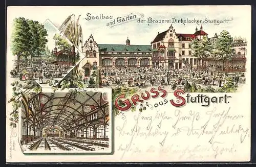 Lithographie Stuttgart, Gasthaus Saalbau und Garten der Brauerei Dinkelacker