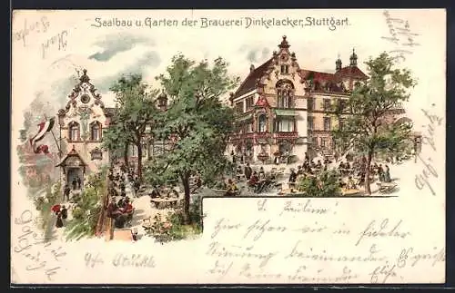 Lithographie Stuttgart, Saalbau & Garten der Brauerei Dinkelacker