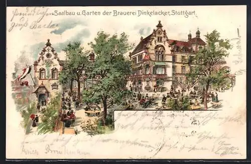 Lithographie Stuttgart, Saalbau & Garten der Brauerei Dinkelacker