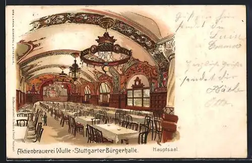 Lithographie Stuttgart, Gasthaus der Aktienbrauerei Wulle Bürgerhalle, Hauptsaal