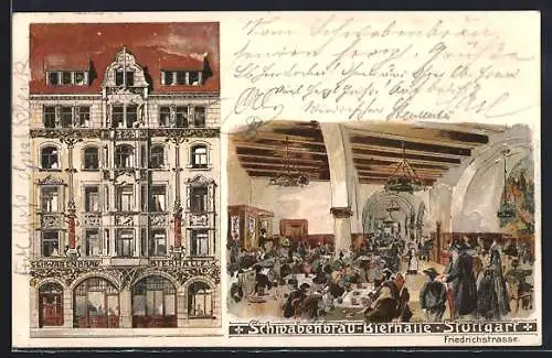 Lithographie Stuttgart, Gasthaus Schwabenbräu-Bierhalle, Friedrichstrasse