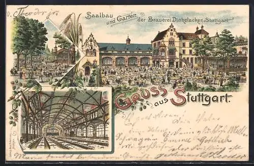 Lithographie Stuttgart, Gasthaus Saalbau und Garten der Brauerei Dinkelacker