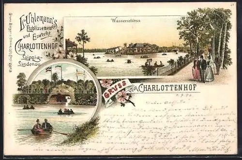 Lithographie Leipzig, Gasthaus L. Uhlemann`s Eiswerke Charlottenhof, Wasserschloss