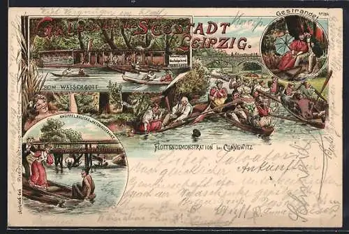 Künstler-Lithographie Bruno Bürger & Ottillie Nr. 284: Leipzig-Connewitz, Flottendemonstration, Knüppelbrücke
