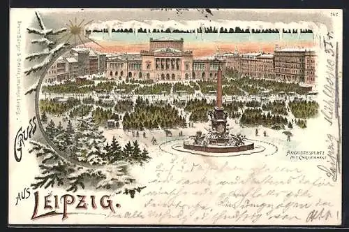 Winter-Lithographie Leipzig, Augustusplatz mit Mendebrunnen