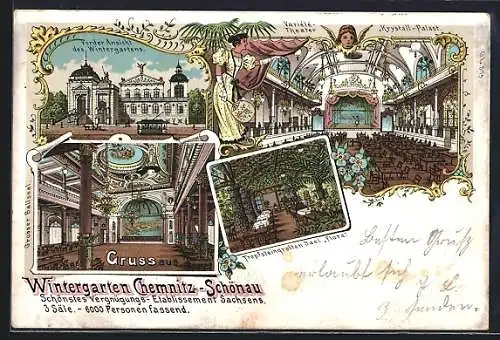 Lithographie Chemnitz-Schönau, Wintergarten, Grosser Ballsaal, Krystall-Palast und Tropfsteingrottensaal