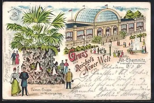 Lithographie Chemnitz, Blick auf den Wintergarten, Palmen-Gruppe im Wintergarten
