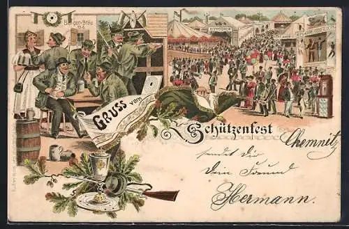 Lithographie Schützenfest, Bürger-Bräu mit Schützen, Alle auf dem Festplatz