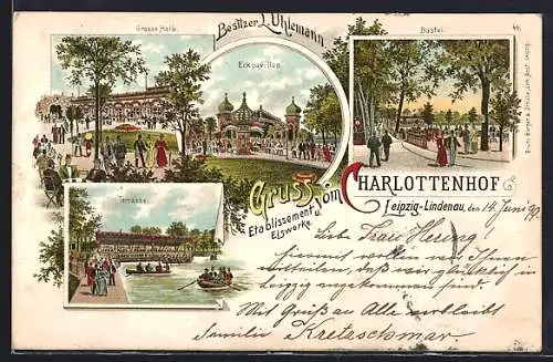 Lithographie Leipzig-Lindenau, Gasthaus Charlottenhof, Terrasse, Grosse Halle, Eckpavillon