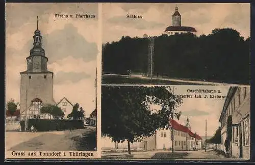 AK Tonndorf i. Thüringen, Geschäftshaus u. Postagentur von J. Kielmann, Schloss, Kirche u. Pfarrhaus
