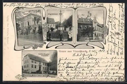AK Vieselbach, Gasthof z. Burghof, Post, Kriegerdenkmal, Villa Deinhardt