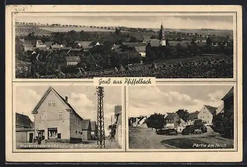AK Pfiffelbach, Materialwarenhandlung R. Dietzmann, Partie am Teich