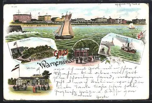 Vorläufer-Lithographie Warnemünde, 1895, Gasthof Schweizerhaus, Wilhelmshöhe, Hohe Düne, Hafeneinfahrt