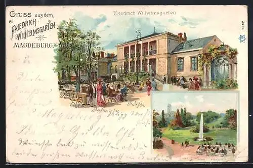 Lithographie Magdeburg, Friedrich-Wilhelmsgarten mit Restauration und Springbrunnen