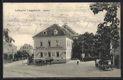 AK Langebrück, Gasthof zu Langebrück, Pferdekutsche
