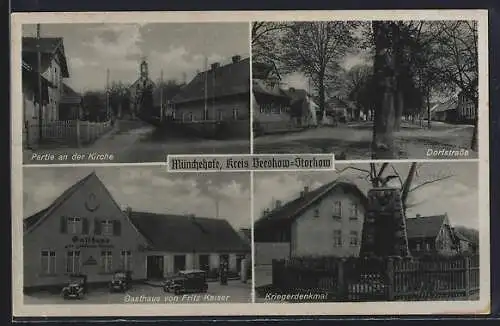 AK Münchehofe / Königs Wusterhausen, Gasthaus von Fritz Kaiser, Dorfstrasse, Kriegerdenkmal, Partie an der Kirche