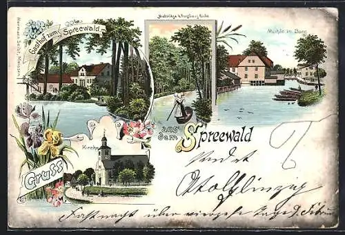 Lithographie Burg / Spreewald, Gasthof zum Spreewald, Kirche, Mutnitza b. Forsthaus Eiche, Mühle