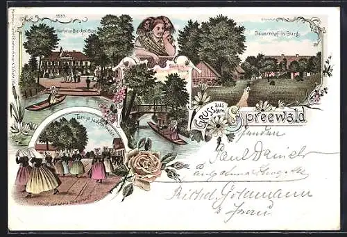 Lithographie Burg /Spreewald, Gasthof zur Bleiche, Bank und Bauernhof