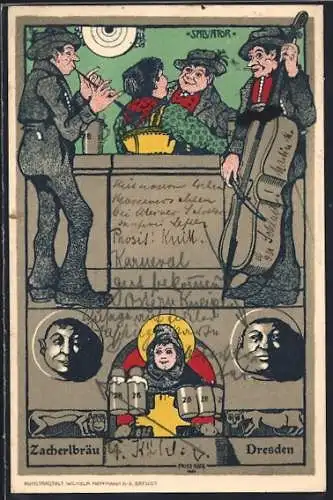 Künstler-AK Dresden, Brauerei Zacherlbräu, Musikanten und Gäste im Gasthaus