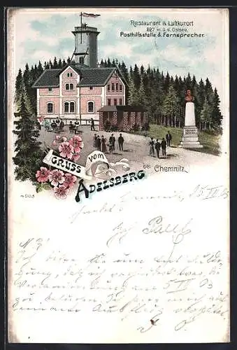 Lithographie Chemnitz, Restaurant Adelsberg mit Denkmal und Besuchern