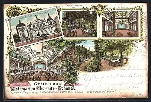 Lithographie Chemnitz-Schönau, Wintergarten, Innenansicht