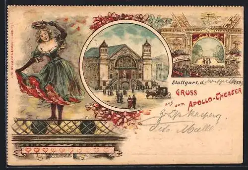 Lithographie Stuttgart, Innen- und Aussenansicht vom Apollo-Theater