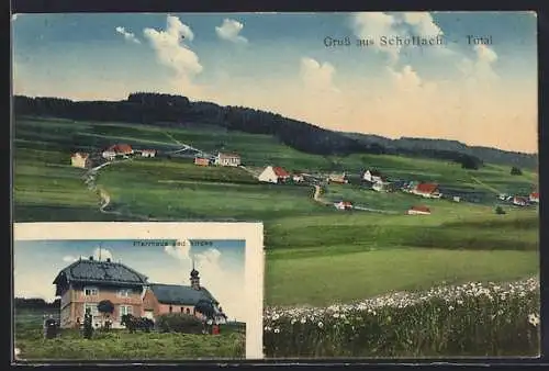 AK Schollach, Pfarrhaus und Kirche mit Totalansicht
