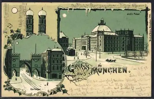 Winter-Lithographie München, Karlsthor und Justiz-Palast im Schnee